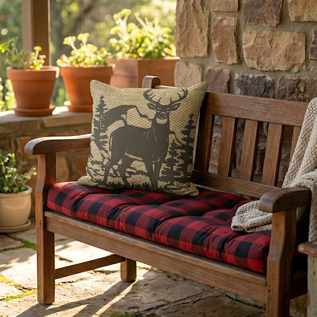 Deer Silhouette On Faux Burlap Texture Pattern Outdoor Pillow (Creator Uploaded)