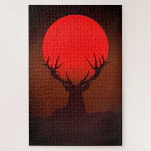 Deer Silhouette with Fiery Red Sunset Jigsaw Puzzle