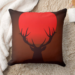 Deer Silhouette with Fiery Red Sunset Throw Pillow