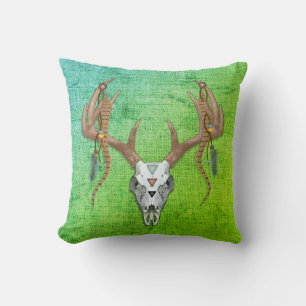Deer Skull Antlers Vintage Native American Throw Pillow