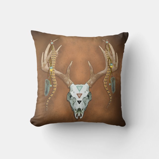 Deer Skull Antlers Vintage Throw Pillow (Front)