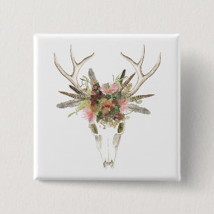 Deer Skull & Flowers 2 Inch Square Button