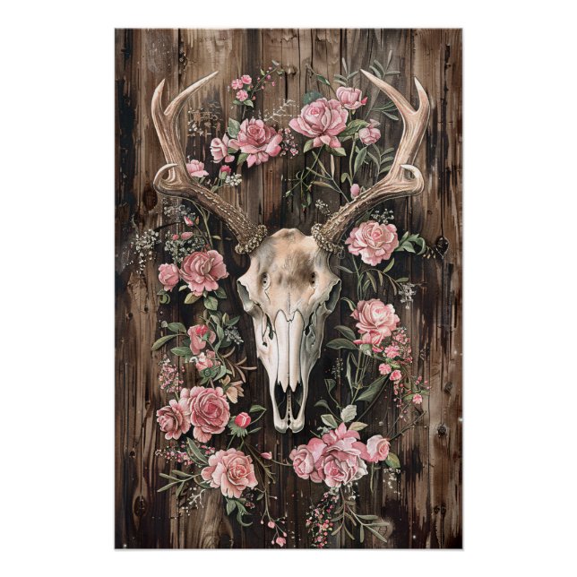 Deer Skull Watercolor Pink Flowers Decoupage Poster (Front)