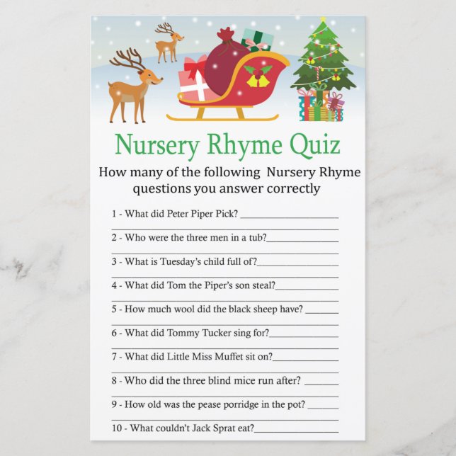 Deer sleigh with presents Nursery Rhyme Quiz game (Front)