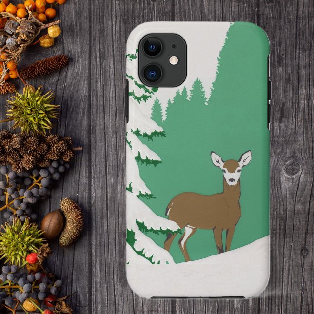 Deer Snow Winter Scene Pine Tree Case-Mate iPhone Case (Brown femail deer white face by pine gree in snow on phone case.)