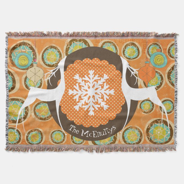 Deer, Snowflake Orbs, and Ornaments Holiday Throw Blanket (Front)