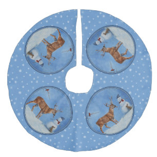 Deer & Snowman Christmas Snowflakes Faux Linen Tree Skirt
