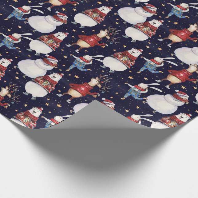 Deer Snowman Rabbit Bear Christmas Holiday Gift Wrapping Paper (Corner)