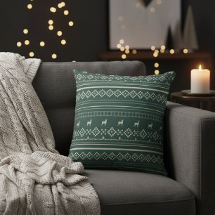 Deer Spruces and Diamonds Green Christmas Sweater  Throw Pillow