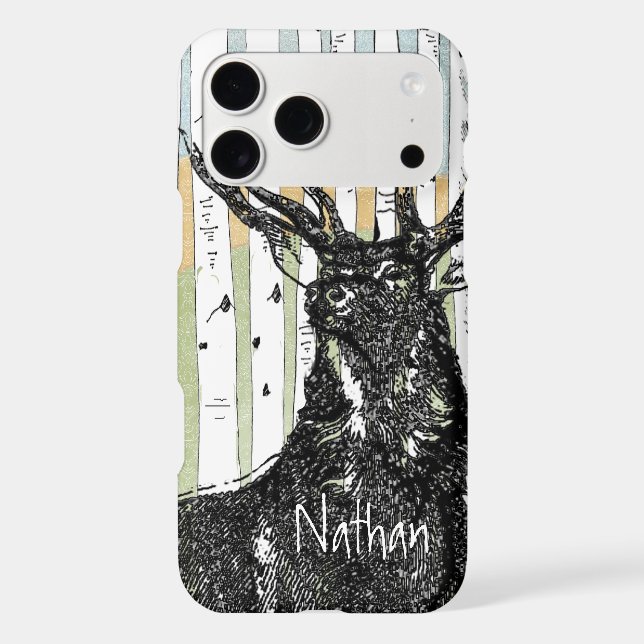 Deer/Stag Birch Tree linen Personalize iphone Case (Back)