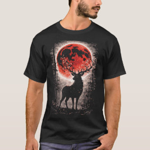 Deer, Stag, Buck in Red Moon Forest - Japanese Art T-Shirt