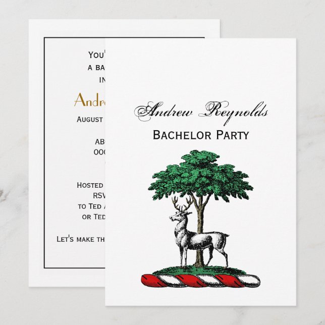 Deer Stag by Tree Heraldic Crest Emblem Invitation (Front/Back)