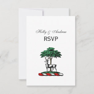 Deer Stag by Tree Heraldic Crest Emblem RSVP Card
