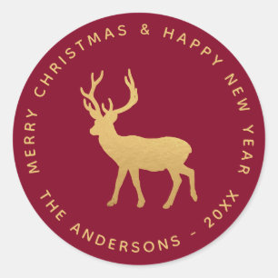 Deer Stag Christmas Burgundy Faux Gold Elegant Classic Round Sticker