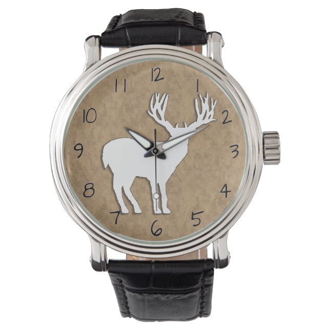 Deer Stag Silhouette on Leaf Pattern Background Watch (Front)