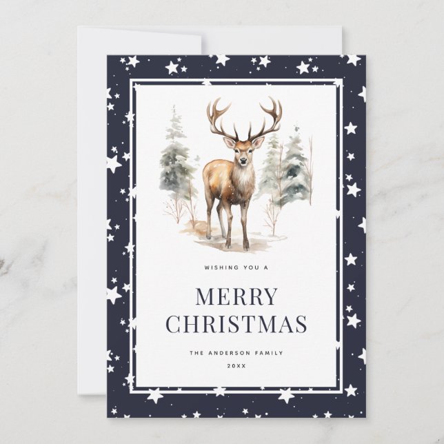 Deer Stag Starry Blue Merry Christmas Card (Front)