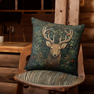 Deer Stag with Antlers in Magic Forest Throw Pillow