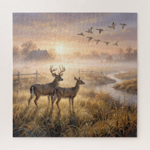 Deer Standing by a River at Dawn Jigsaw Puzzle