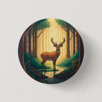 Deer standing by a stream in a forest 1 inch round button