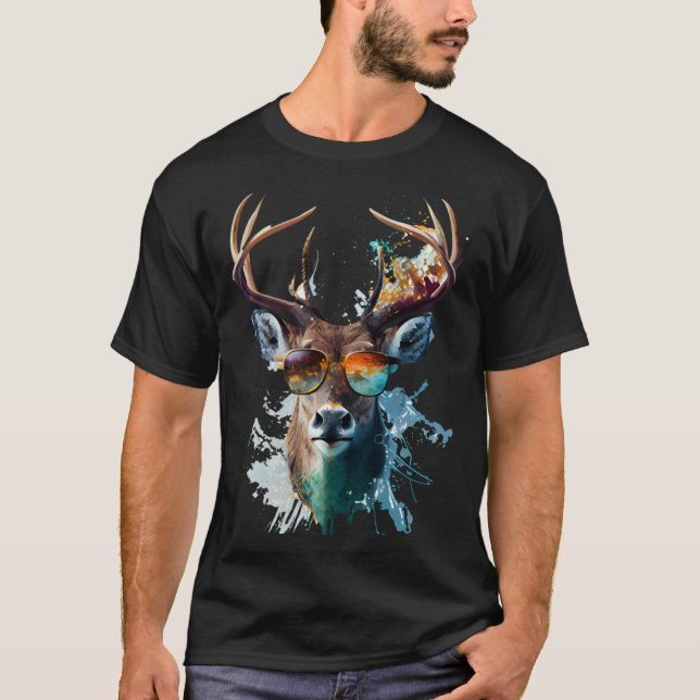 Deer sunglasses vacation sun nature forest hiking T-Shirt (Front)