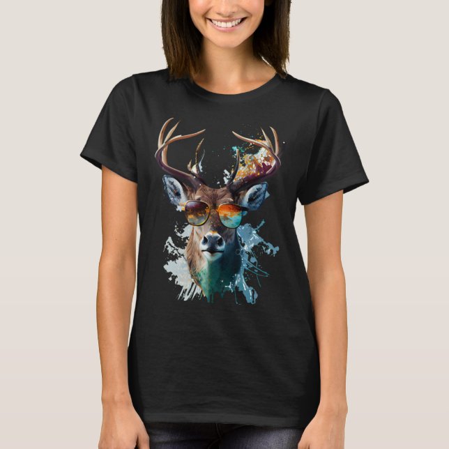 Deer sunglasses vacation sun nature forest hiking T-Shirt (Front)