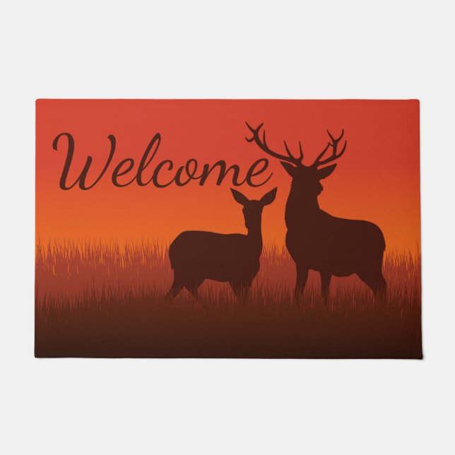 Deer Sunset Silhouette Woodland Welcome  Doormat (Front)