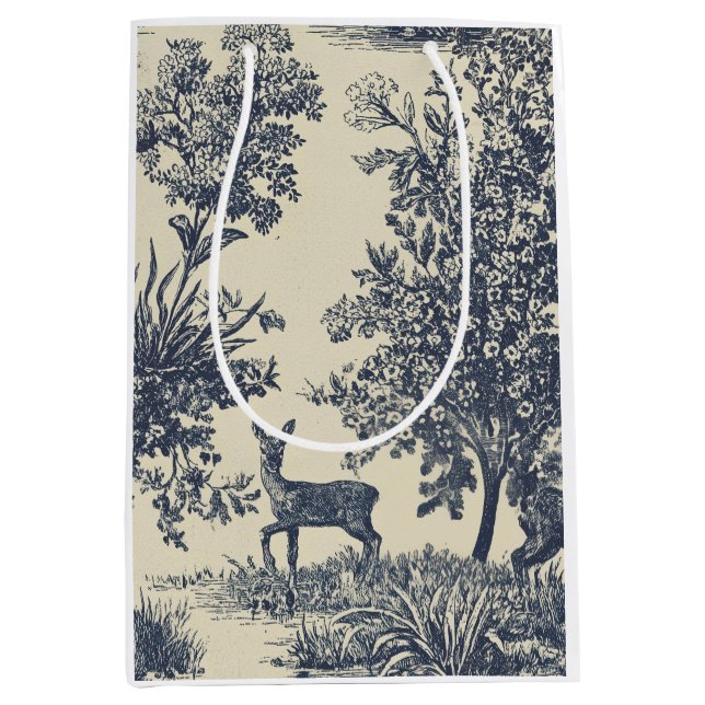 Deer Toile Pattern Woodland Scenic Botanical Medium Gift Bag (Front)