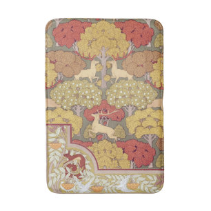 Deer &Tree,Squirrel,Bird,Rowan Berries Art Nouveau Bath Mat