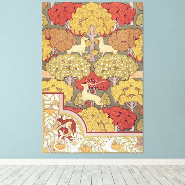 Deer &Tree Squirrel Bird Rowan Berries Art Nouveau Canvas Print (Insitu(Wood Floor))