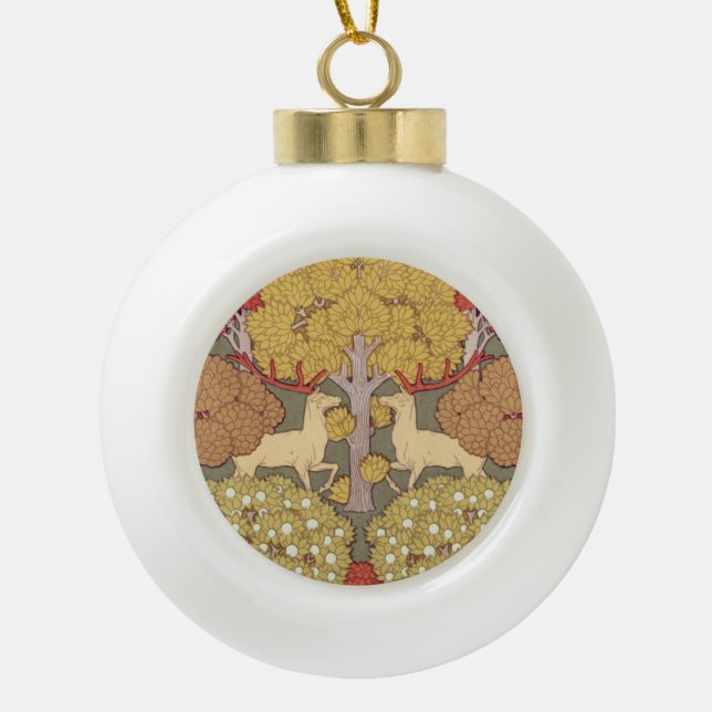 Deer &Tree Squirrel Bird Rowan Berries Art Nouveau Ceramic Ball Christmas Ornament (Front)