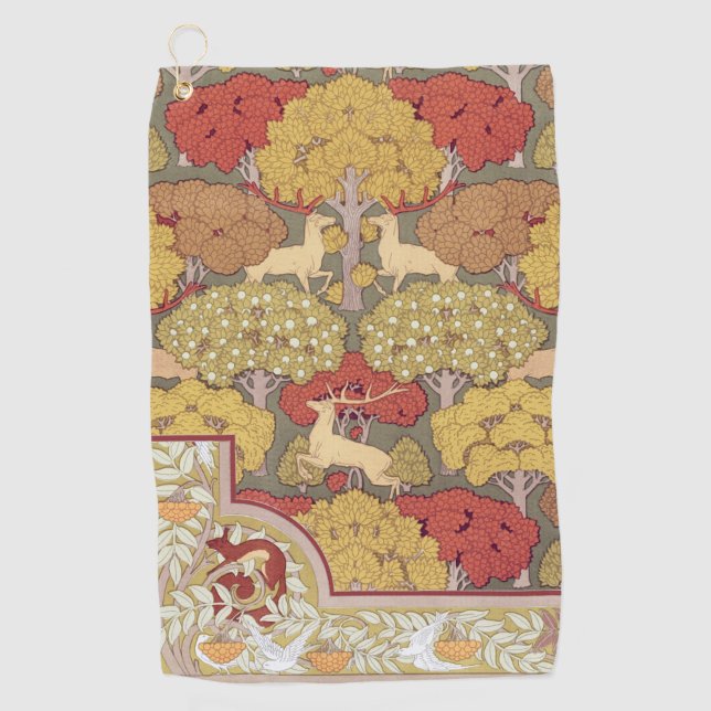 Deer &Tree,Squirrel,Bird,Rowan Berries Art Nouveau Golf Towel (Front)
