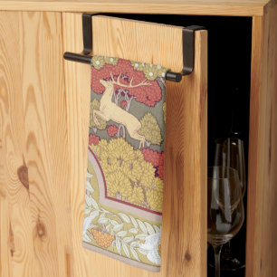 Deer &Tree,Squirrel,Bird,Rowan Berries Art Nouveau Kitchen Towel