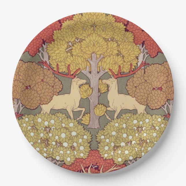 Deer &Tree,Squirrel,Bird,Rowan Berries Art Nouveau Paper Plate (Front)