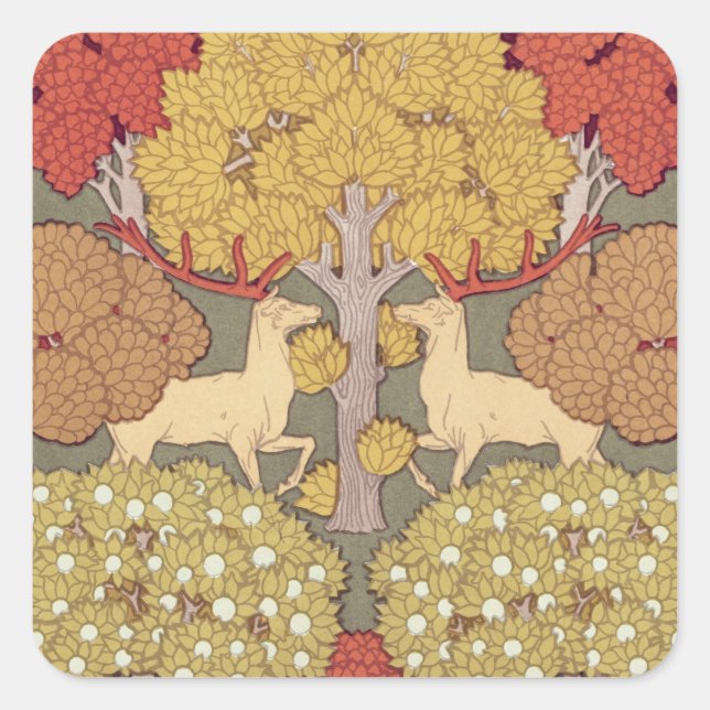 Deer &Tree,Squirrel,Bird,Rowan Berries Art Nouveau Square Sticker (Front)