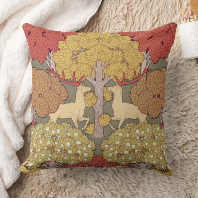 Deer &Tree,Squirrel,Bird,Rowan Berries Art Nouveau Throw Pillow (Blanket)