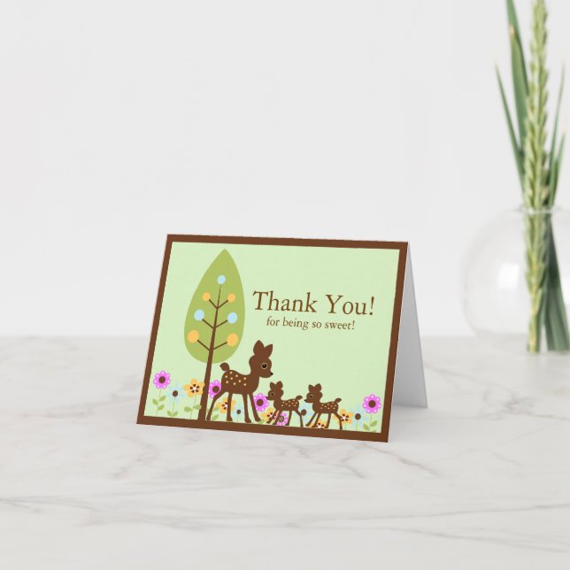 Deer Twins Baby Shower Thank You Note Card (Front)