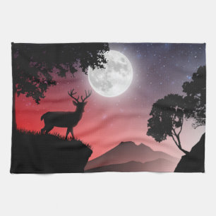 Deer under the Red Moon Kitchen Towel
