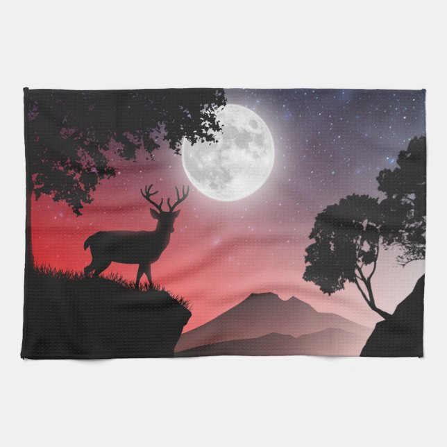 Deer under the Red Moon Kitchen Towel (Horizontal)