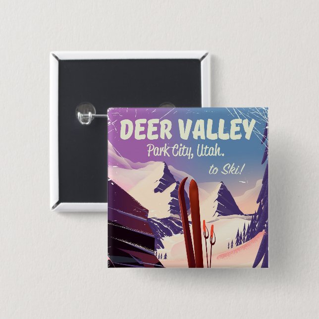 Deer Valley, Park City, Utah, Ski travel poster. 2 Inch Square Button (Front & Back)