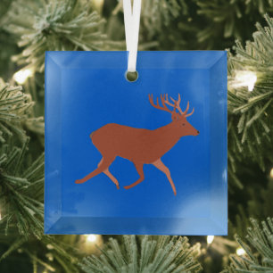 Deer Walking Festive Blue Background Glass Ornament
