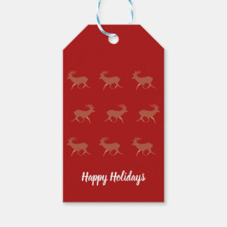 Deer Walking Festive Pattern Red Brown Background Gift Tags