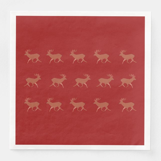 Deer Walking Festive Pattern Red Brown Background Napkin (Front)