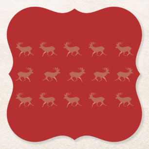 Deer Walking Festive Pattern Red Brown Background Paper Coaster
