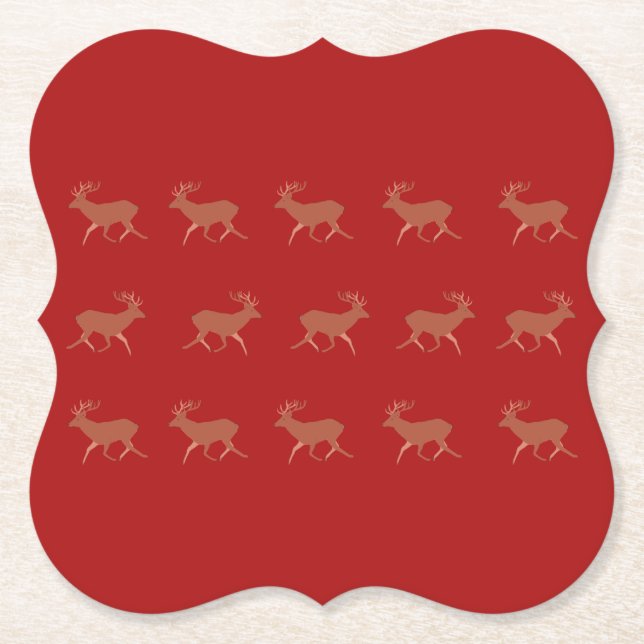 Deer Walking Festive Pattern Red Brown Background Paper Coaster (Front)