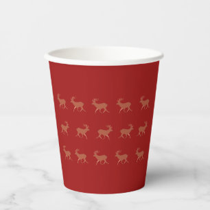 Deer Walking Festive Pattern Red Brown Background Paper Cups