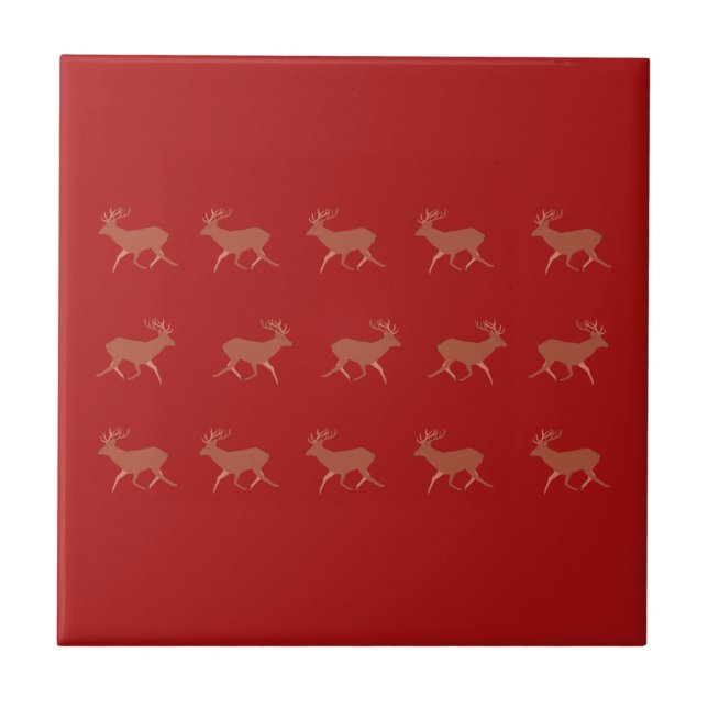 Deer Walking Festive Pattern Red Brown Tile (Front)