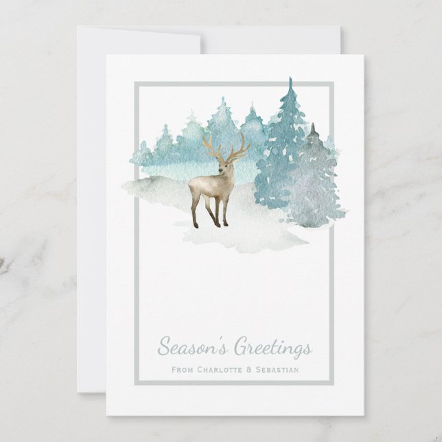 Deer Watercolor Winter Woodland Christmas Holiday Card (Front)
