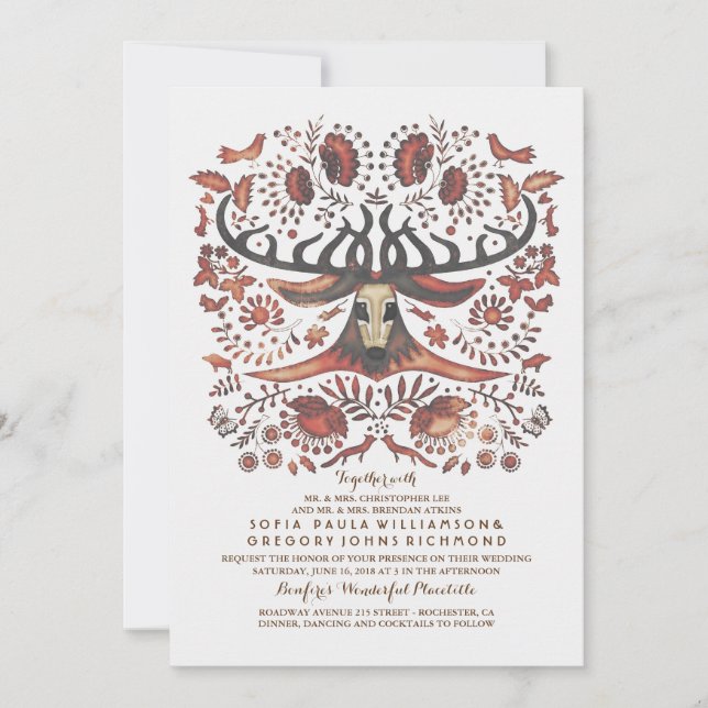 Deer Wedding Invitation with Woodland Animals (Front)