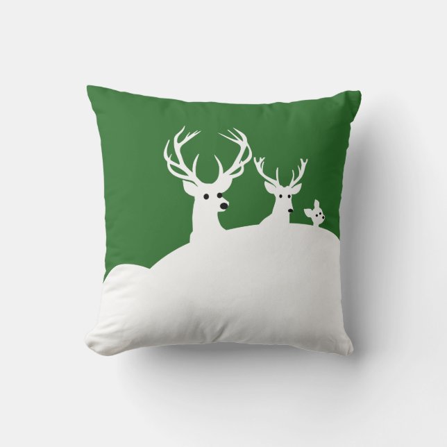 Deer White Snow Red Reindeer family Throw Pillow (Front)
