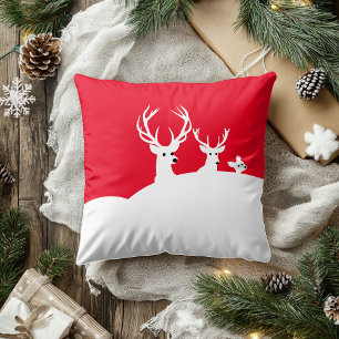 Deer White Snow Red Reindeer family Throw Pillow